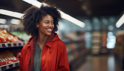 Black afro woman in supermarket picking goods home - obrazy, fototapety, plakaty