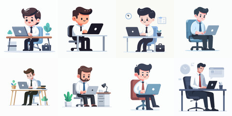 Vector business person with laptop. Simple and minimalist flat design