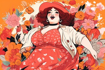 Fototapeta premium Beautiful plus size woman smiling. Flowers background and read hair, anime girl, adorable anime woman. Colorful Happy Women's day. 8 march. Spring summer