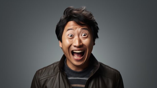 A Wow and surprised face Asian man in white t-shirt with hand point on empty space on a white isolated transparent background.