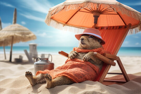 Cute funny capybara animal chilling on the beach and relaxing on sun lounger .Travel, vacation background. Copy space.Funny animals.