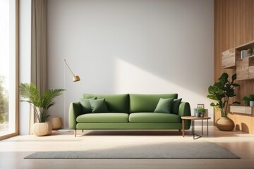 Interior home design of modern living room with green sofa and wooden furniture with houseplants against empty wall with copy space for text