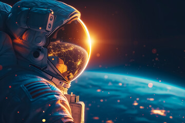 Astronaut in spacesuit with American flag patch on shoulder on background planet earth. Illuminated by sunlight. Cosmonautics day concept. Astronomy and cosmos. Free space for text, copy space