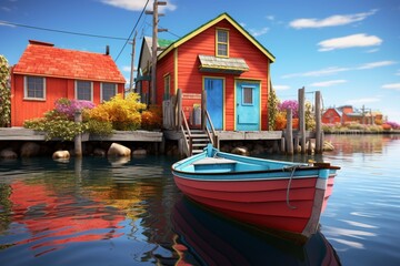 A boat sits on a dock with a colorful house in the background, creating a scenic setting