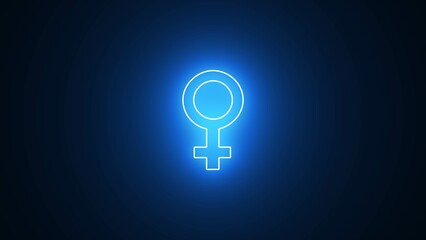 Glowing neon female logo icon symbol on black background. 3D rendered illustration.
