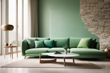 Fototapeta premium Interior home design of modern living room with green sofa and wooden furniture with stone wall decorative plants