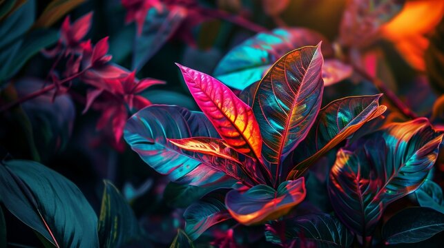 Bright neon colors depicting abstract, digital foliage and flowers.