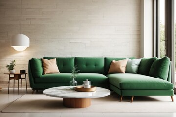 Interior home design of modern living room with green sofa and wooden furniture with stone wall decorative plants
