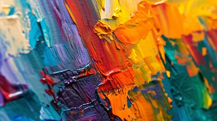 Close-up of a vibrant abstract painting with thick oil brushstrokes in a spectrum of colors.