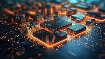 Printed circuit board futuristic server/Circuit board futuristic server code processing. Orange, green, blue technology background