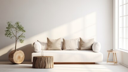A Minimalist interior design of a modern living room, sofa and stump pillows, in a room with morning sunlight streaming through the window.