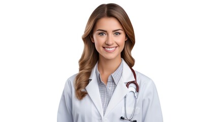 Fototapeta premium A Portrait of a beautiful happy young doctor on a white isolated transparent background.