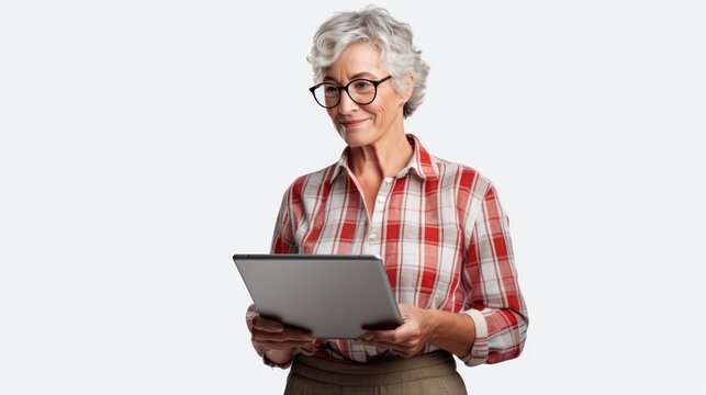 A Portrait of an elderly woman, confident elderly female farmer Wearing apron, holding tablet, checking work on empty space on isolated white transparent background, agriculture and technology.
