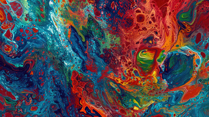 Abstract multicolor painting with swirling patterns in vivid shades of red, blue, and green