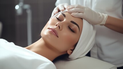 Obraz na płótnie Canvas A Beauty expert massaging young woman's face Close up of beautiful Asian woman's head in white hat and doctor's hands in gloves lying on treatment bed.