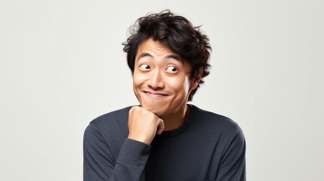 A Portrait of a funny Asian man on a white isolated transparent background.