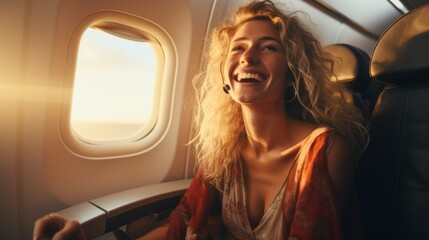 A happy smiling woman is sitting in an airplane seat near the window. The girl is flying business class. Traveling to different countries is a concept.