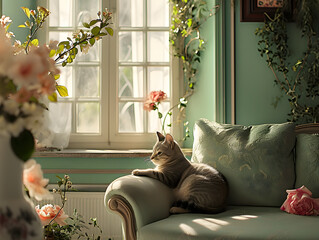 Cute cat sleeping on a comfortable sofa in the living room with sunshine come from window