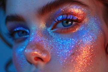 Naklejka premium Portrait of a female model with bright holographic makeup fashion