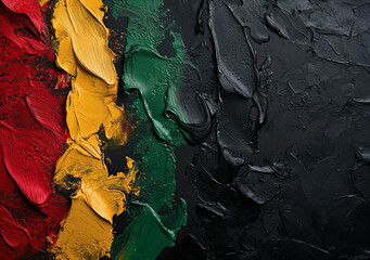 Vibrant red, yellow, and green paint strokes on black symbolizing Black History Month and African heritage.