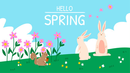 vector hand drawn hello spring wallpaper, natural background with flowers, rabbit