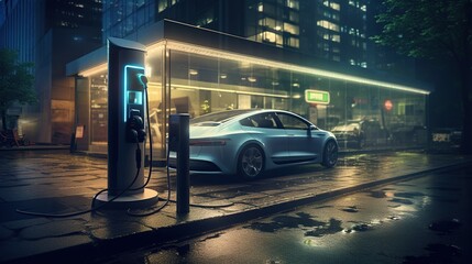 Electric car charging station in the city, environmental without harmful emissions for ecology or green energy concept. Created with Generative AI