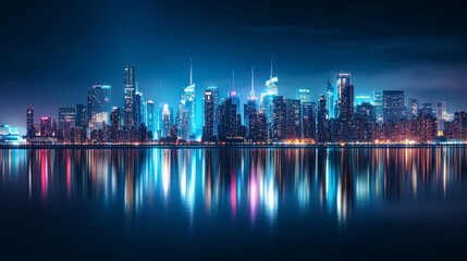 Vibrant Cityscape Reflections: Electric Blue Night Skyline Mirrored on Calm Waters, Urban Architecture and Skyscrapers Illuminated - High-Resolution Wallpaper for Urban Life Enthusiasts