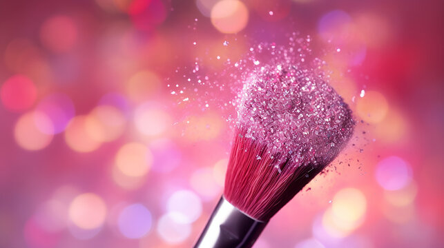 close up professional cosmetic makeup brush with blurred glittering background