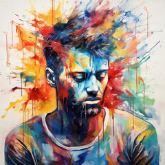 Vibrant Rainbow Colored Watercolor Painting, Man With negative Emotions, chaotic paint splatter around man representing bad thoughts, Generative AI