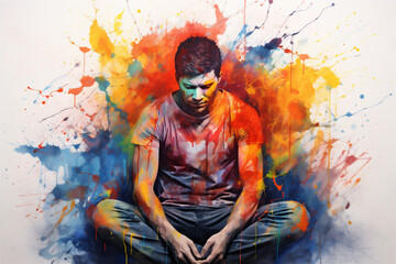 Fototapeta na wymiar Vibrant Rainbow Colored Watercolor Painting, Man With negative Emotions, chaotic paint splatter around man representing bad thoughts, Generative AI