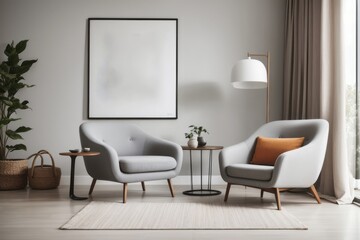 Interior home design of modern living room with gray armchair and gray wall with mockup poster frame