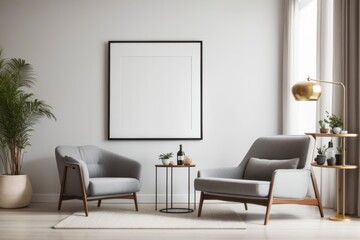 Fototapeta premium Interior home design of modern living room with gray armchair and gray wall with mockup poster frame