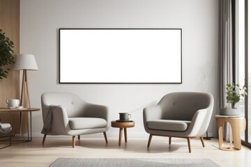 Interior home design of modern living room with gray armchair and gray wall with mockup poster frame