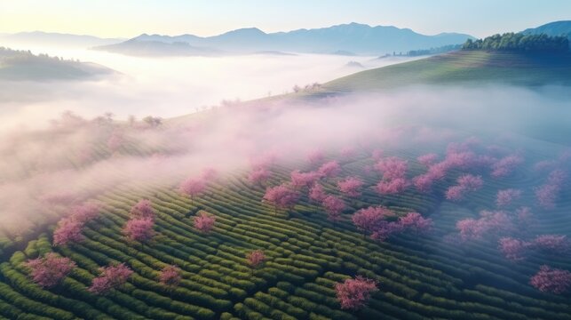 Stunning Booming cherry blossom over the hills and green tea plantations at hazy light morning, landscape with copy space