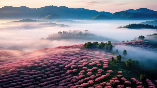 Stunning Booming cherry blossom over the hills and green tea plantations at hazy light morning, landscape with copy space
