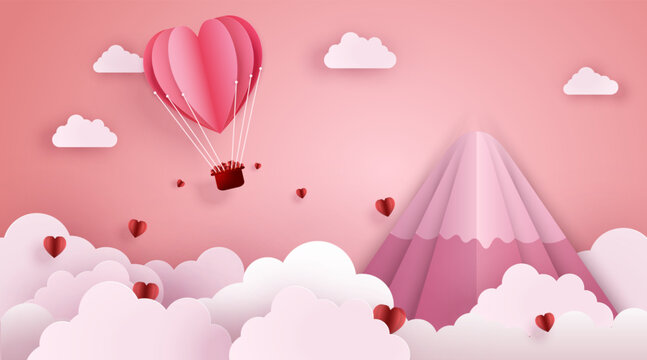 Vector illustration of landscape with hot air balloon above mountains in sunset. Romantic, Love, Valentine concept.
