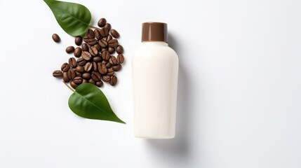 Beauty product inspired by coffee. White bottle with bode lotion or soap lotion, shampoo or shower gel from coffee. Toning shampoo coffee. Bottle is made of recyclable plastic