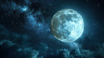  a large blue moon in the middle of the night sky with clouds and stars in the foreground and a dark blue sky with clouds and stars in the background.
