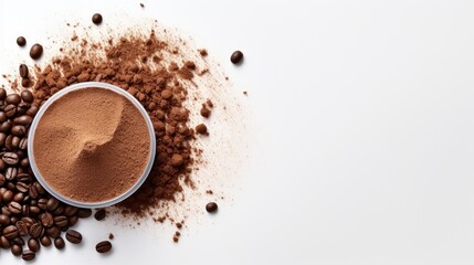 Concept of coffee powder beauty cosmetic, coffee for the skin. Composition of coffee powder and coffee beans on white background.  New trend, sustainable cosmetic skincare with caffeine