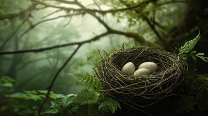 Naklejka na ściany i meble a bird's nest with three eggs in the middle of a forest filled with green leaves and branches, with sunlight streaming through the branches and fog in the background.