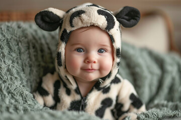 Baby in cow costume isolated on green background.