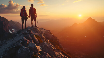 Couple of  man and woman hikers on top of the mountain at sunset or sunrise, together enjoying the moment their climbing success, looking towards the horizon