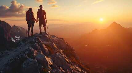 Fototapeta premium Couple of man and woman hikers on top of the mountain at sunset or sunrise, together enjoying the moment their climbing success, looking towards the horizon