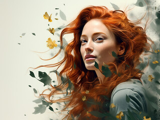 Girl with red hair and flowers floating around giving beauty and positivity around her, flowers spring. neutral background.