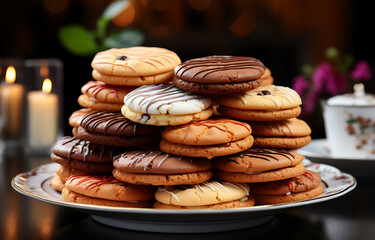Testy Delicious Fresh cookies Food on a plate - obrazy, fototapety, plakaty