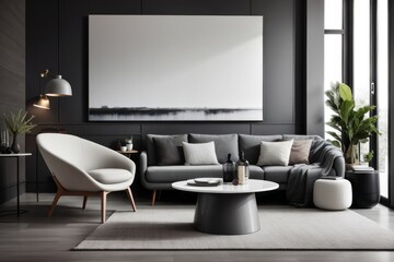 Scandinavian interior home design of modern living room with gray sofa and round table with dark gray paneled wall