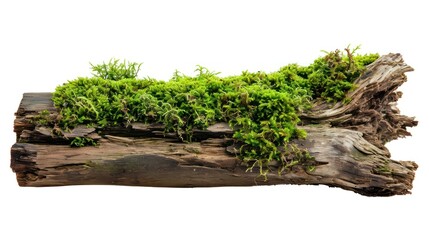 A rotten wood cover by green moss, white background