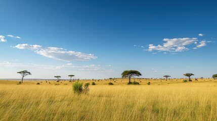 Obraz premium a grassy field with trees in the distance and a blue sky with white clouds in the background with a few scattered