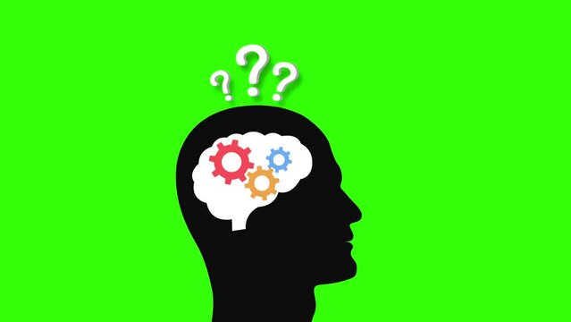 brain gear thinking dizzy confused question mark animated brain head gear spinning thinking finding ideas dizzy confused question mark green screen alpha looping animated