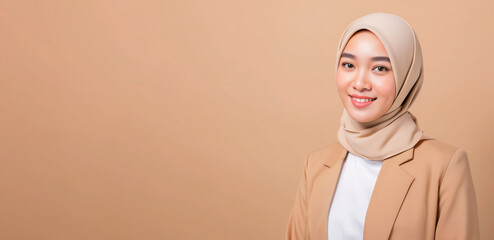 a beautiful asian woman wearing beige hijab and blazer